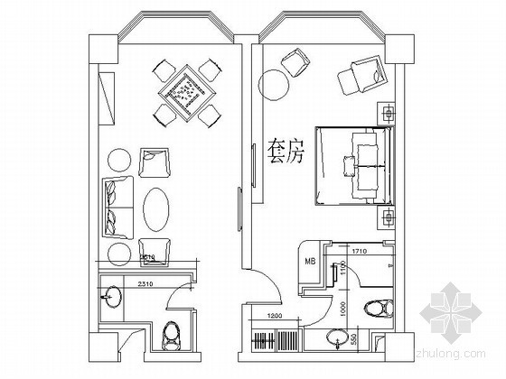 CAD图块平面资料下载-某大型花园酒店标准客房平面CAD图块下载