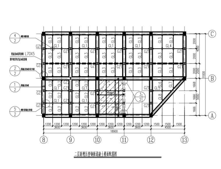 [云南]钢框架结构加固施工图-二层新增压型钢板混凝土楼面配筋图