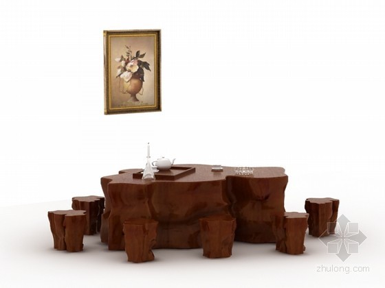 根雕茶台模型下载资料下载-中式茶桌椅组合3d模型下载