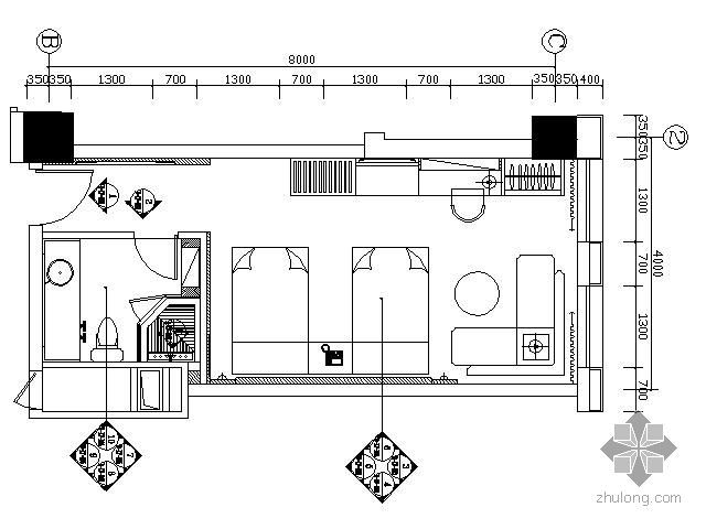 酒店标准间dwg资料下载-[北京]国际酒店标准间装修图（双床）