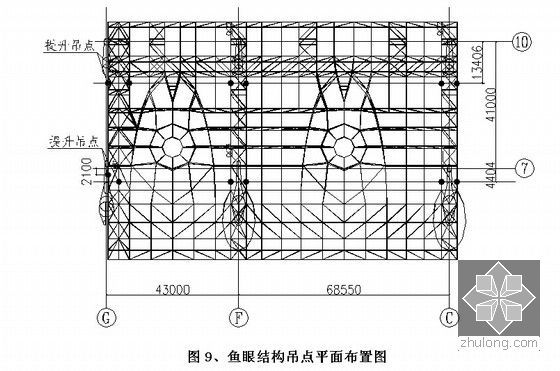 [浙江]大跨度钢桁架屋面钢结构提升专项施工方案(104页 附图丰富 鲁班奖)-鱼眼结构吊点平面布置图