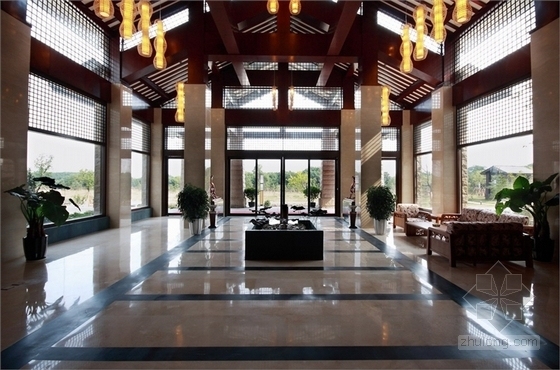 [江苏]智慧山高级中式风格酒店书院室内装修施工图（含实景）大堂效果图