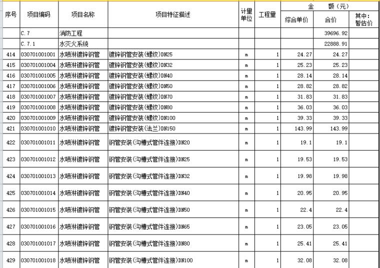 消防工程量清单实例资料下载-消防工程量清单单价表