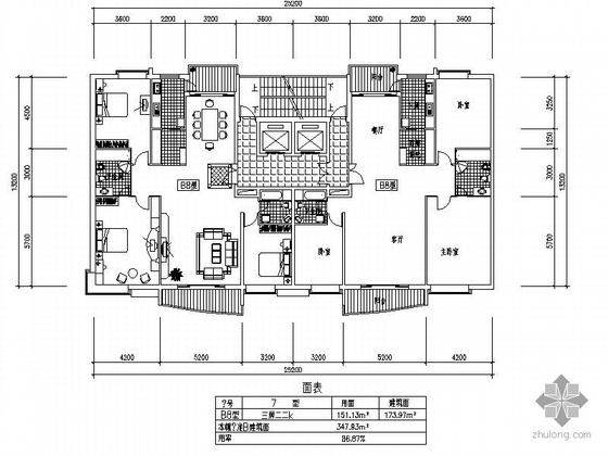 板式高层一梯两户三室两厅方案图（174/174）