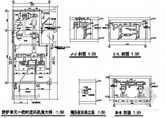 6级人防地下车库通风设计施工图-进风机房大样 