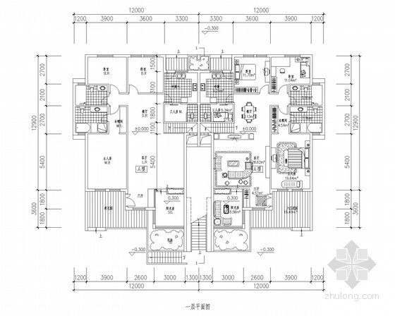 300平方店平面图资料下载-[北京]某叠拼别墅首层户型平面图（160平方米）