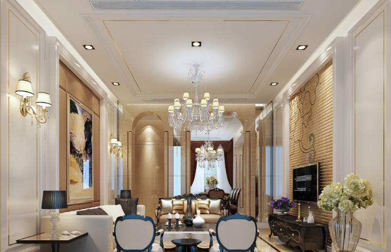 [江苏]简欧艺术流派170平米平层公寓设计施工图（附效果图）-客厅效果图