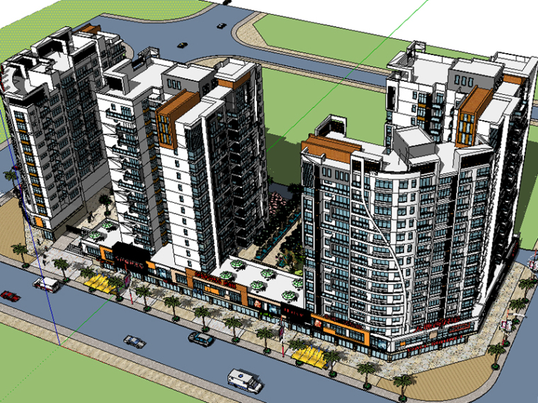 现代居住区模型su资料下载-现代高层居住区建筑SU模型