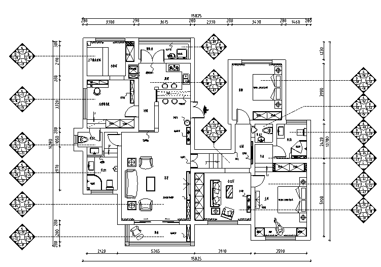 200平米室内施工图资料下载-[贵州]地中海风格200平米四居室住宅设计施工图（附效果图）