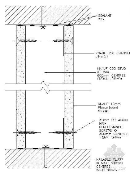钢骨架柜层板节点图资料下载-双面石膏板隔墙节点图
