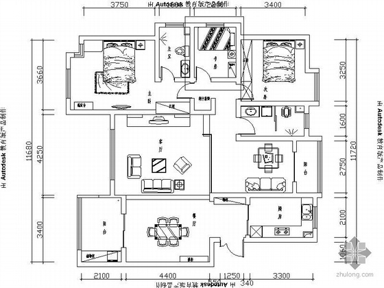 中式风格的办公室资料下载-新中式风格三室装饰图