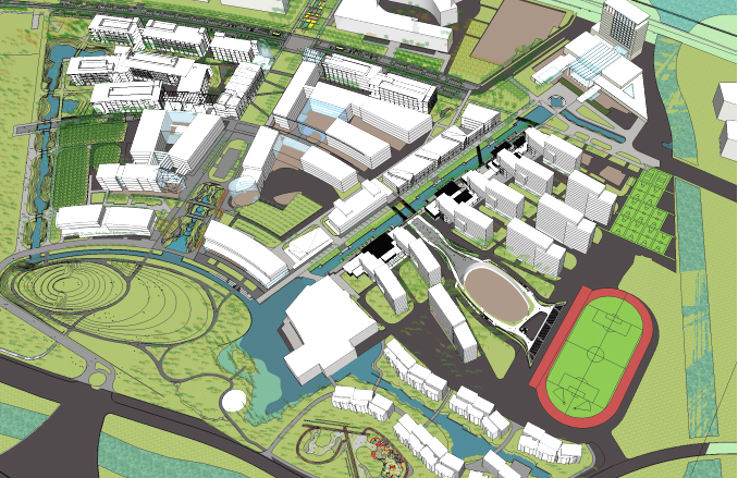 [上海]现代风格自然生态大学校园景观规划设计方案-总体模型透视图