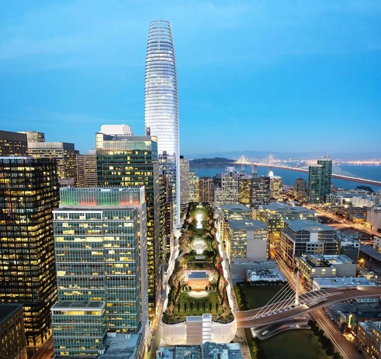汽车坡道顶部资料下载-西萨·佩里十年新作“Salesforce 塔楼及客运中心”，2万平米屋顶