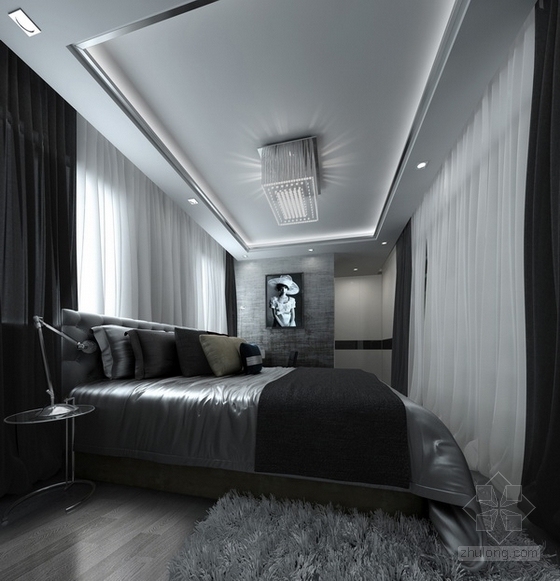 现代感十足时尚三居室样板间CAD装修施工图（含效果）卧室效果图