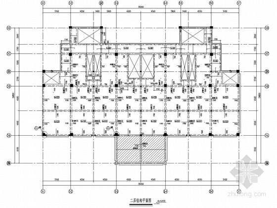 三层框架结构住宅区商业楼结构施工图-二层结构平面图 