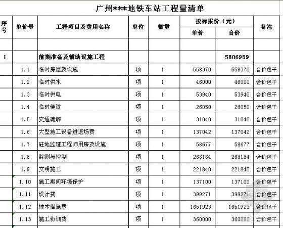 某地铁车站计算资料下载-广州某地铁车站土建工程清单报价书