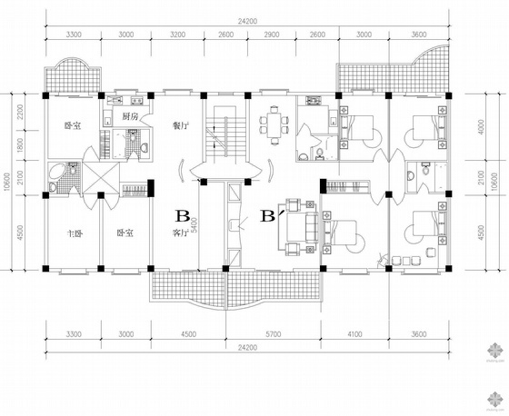 18层板式住宅户型图资料下载-板式多层一梯两户户型图(123/146)