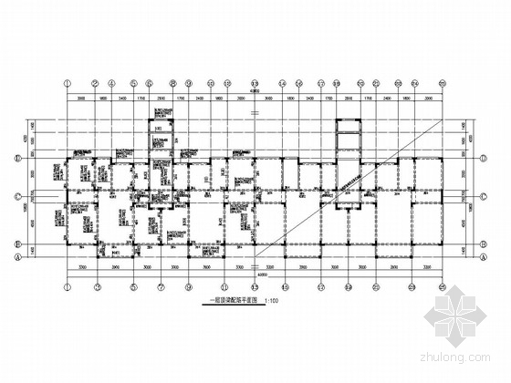 [山东]地上六层框架结构住宅楼结构施工图-一层顶梁配筋平面图 
