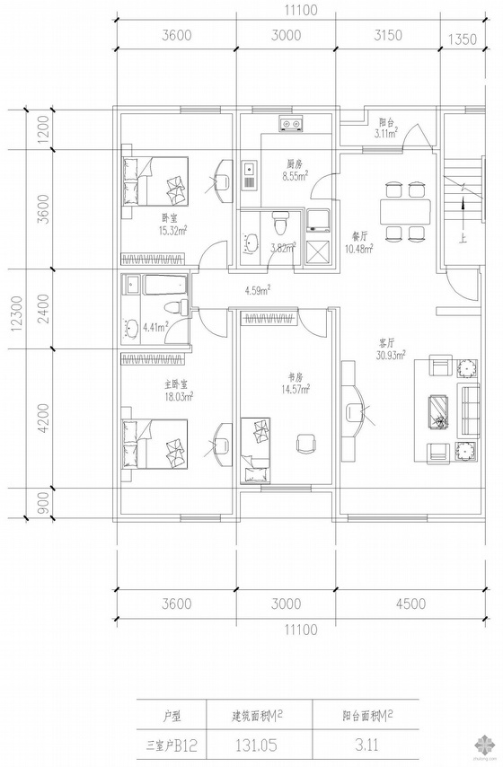 三室一厅CAD原始图图资料下载-板式高层三室一厅单户户型图(131)