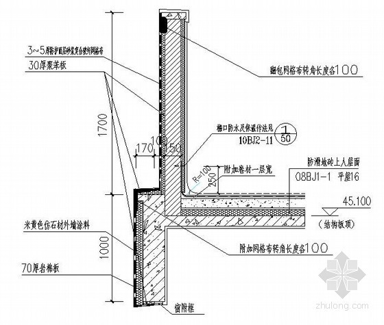 窗台及窗过梁节点大样图资料下载-屋面餐厅外平窗处外墙外保温施工节点图