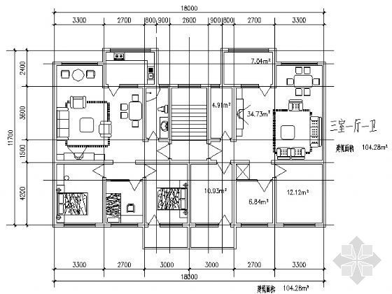 三室一厅住房设计图纸资料下载-三室一厅一卫（104.28平方米）
