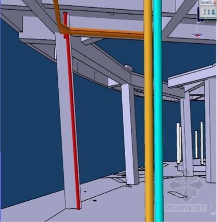 BIM技术在商业综合体项目的应用总结-雨水管沿斜柱安装效果模型 