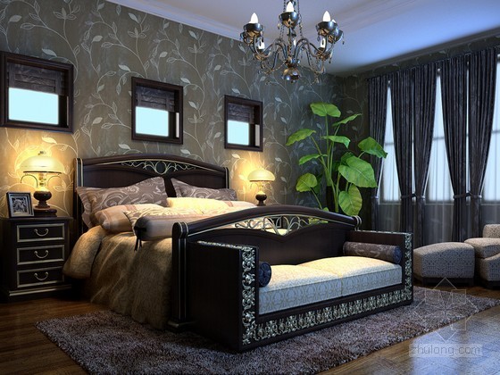 现代床头柜3d模型资料下载-现代欧式卧室3D模型下载