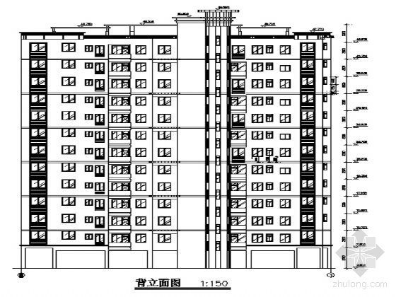 某十三层一梯三户高层住宅楼建筑施工图-背立面图