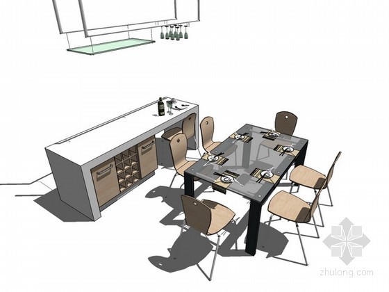 中式餐馆吧台3d模型资料下载-餐桌椅吧台组合sketchup模型下载