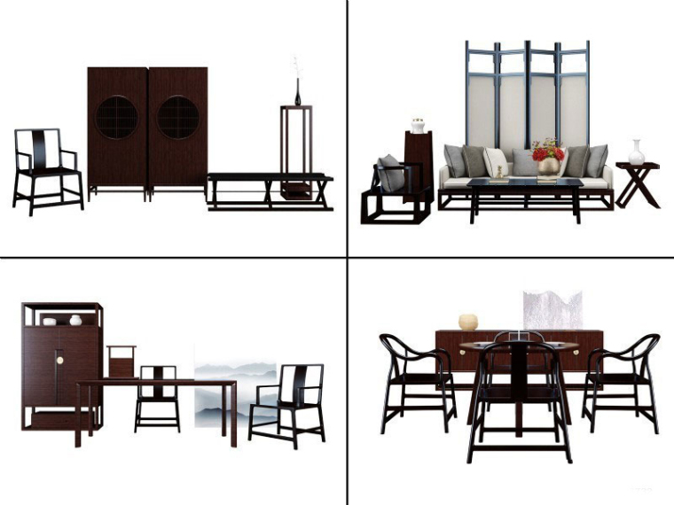 室外沙发模型新中式资料下载-4款新中式沙发椅子书桌组合