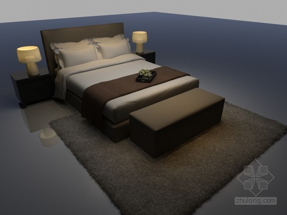现代深色壁纸贴图资料下载-深色系双人床3D模型下载