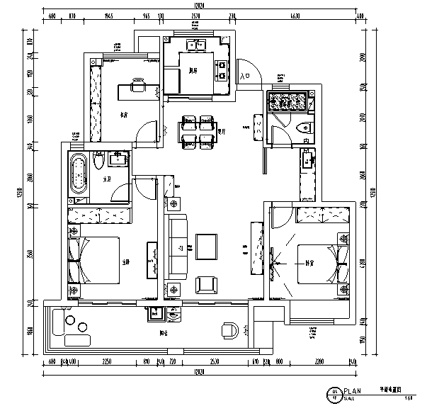 混搭风格天然材料三居室住宅设计施工图（附效果图）-平面布置图