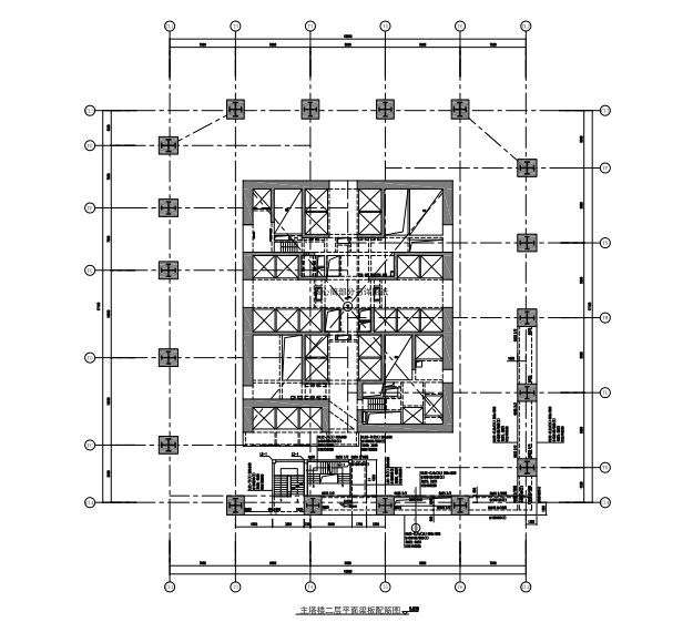 67层超高层综合楼框筒结构施工图2017-主塔楼二层平面梁板配筋图