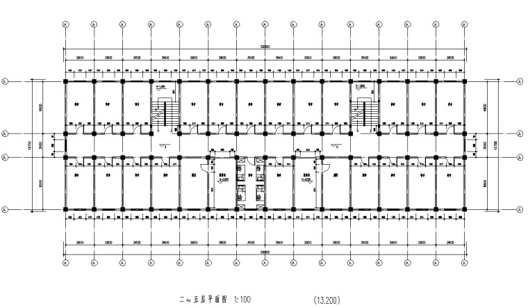 六层框架结构宿舍楼建筑工程量计算实例-2-5层平面图