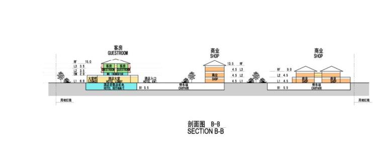 [湖北]新中式风格商业综合体建筑设计方案文本-新中式风格商业综合体建筑剖面图