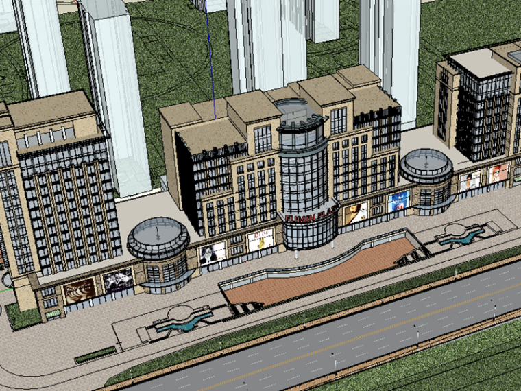 室内建筑模型制作资料下载-新古典办公龙、商业街建筑SU模型