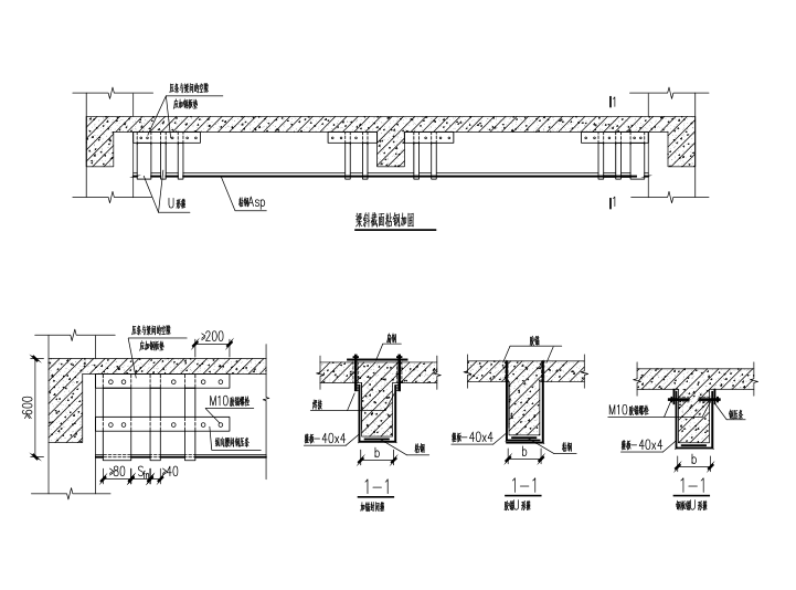 梁柱粘钢法加固结构大样图（CAD、10张）-梁斜截面粘钢加固