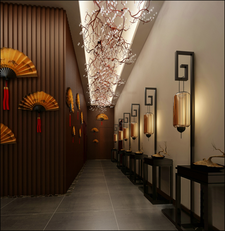 临水走廊简洁通透的围资料下载-中餐厅垂花走廊3D模型