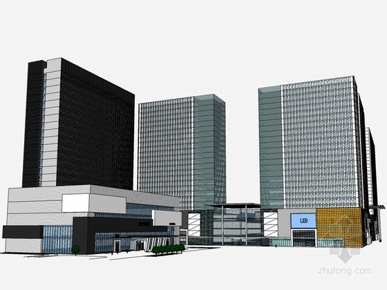 广联达综合3层办公楼模型资料下载-商业综合办公楼SketchUp模型下载