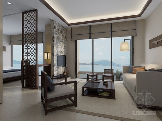 中式客厅3d效果图资料下载-现代中式客厅3d模型下载