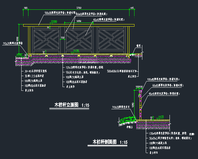 黑色铁拱架与白色木栏资料下载-木栏杆节点详图