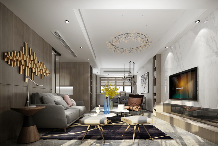 小清新客厅手绘效果图资料下载-现代几何质感住宅客厅设计3D模型（附效果图）