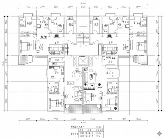 一梯两户6层住宅资料下载-板式高层一梯两户户型图(105/88)