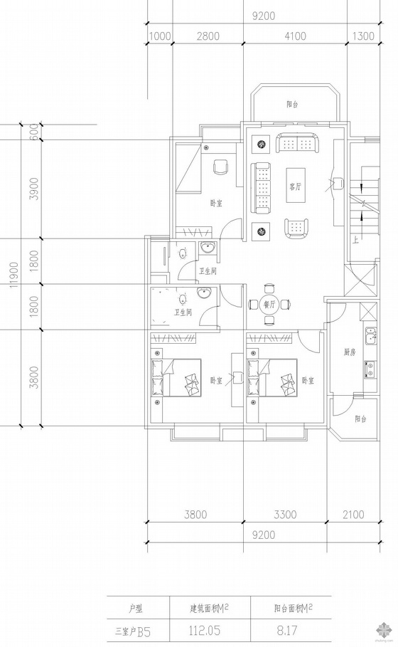 三室一厅户型cad图纸资料下载-板式高层三室一厅单户户型图(112)