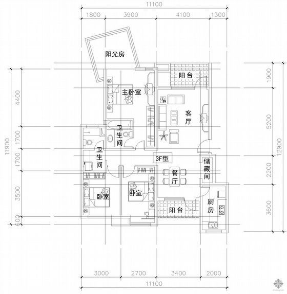 户型图120平方米cad资料下载-板式多层单户三室二厅二卫户型图(120)