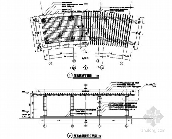 弧形廊架广场效果图资料下载-弧形仿木廊架施工图