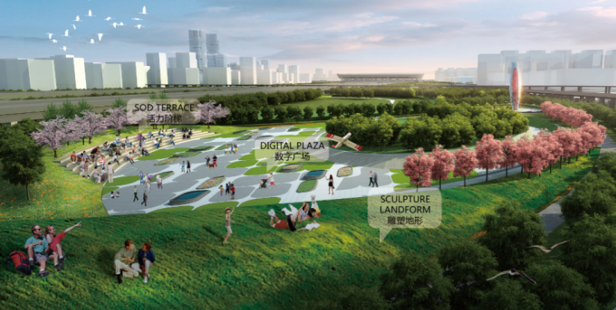 [河南]滨河生态可持续性复合廊道驿站铁路沿线绿地景观设计方案-数字广场景观效果图