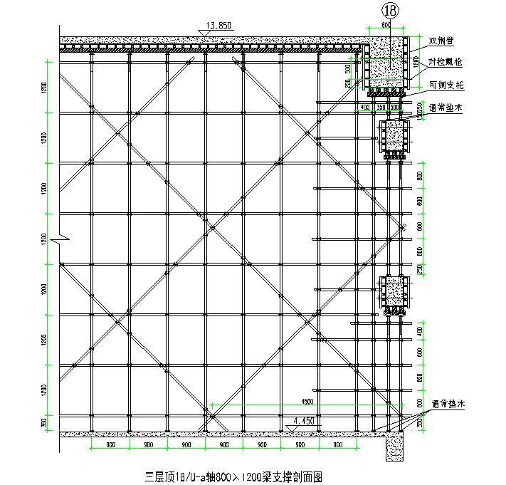 综合办公业务楼高大模板支撑架安全专项施工方案（82页，附计算书-三层顶梁支撑剖面图