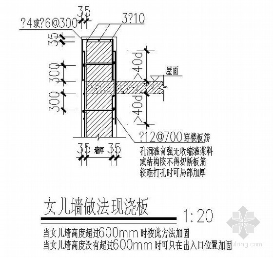 砖混墙体大样资料下载-砖混墙体加固大样之女儿墙做法（现浇板）