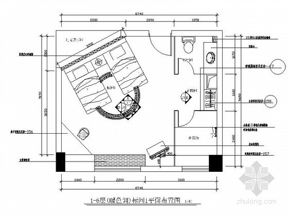 标准间cad图资料下载-暖色调酒店标准间客房装修图